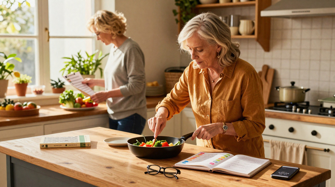 Duas mulheres preparando salada em cozinha iluminada, com livros e smartphone sobre a bancada de madeira.