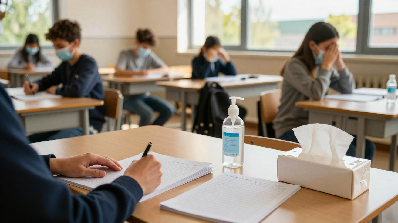 Estudantes usando máscaras em sala de aula, com álcool em gel e caixa de lenços sobre a mesa.