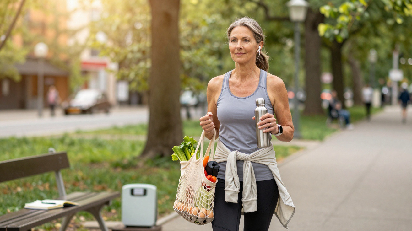 Mulher caminhando em parque com sacola ecológica de compras e garrafa térmica, vestindo roupa esportiva.