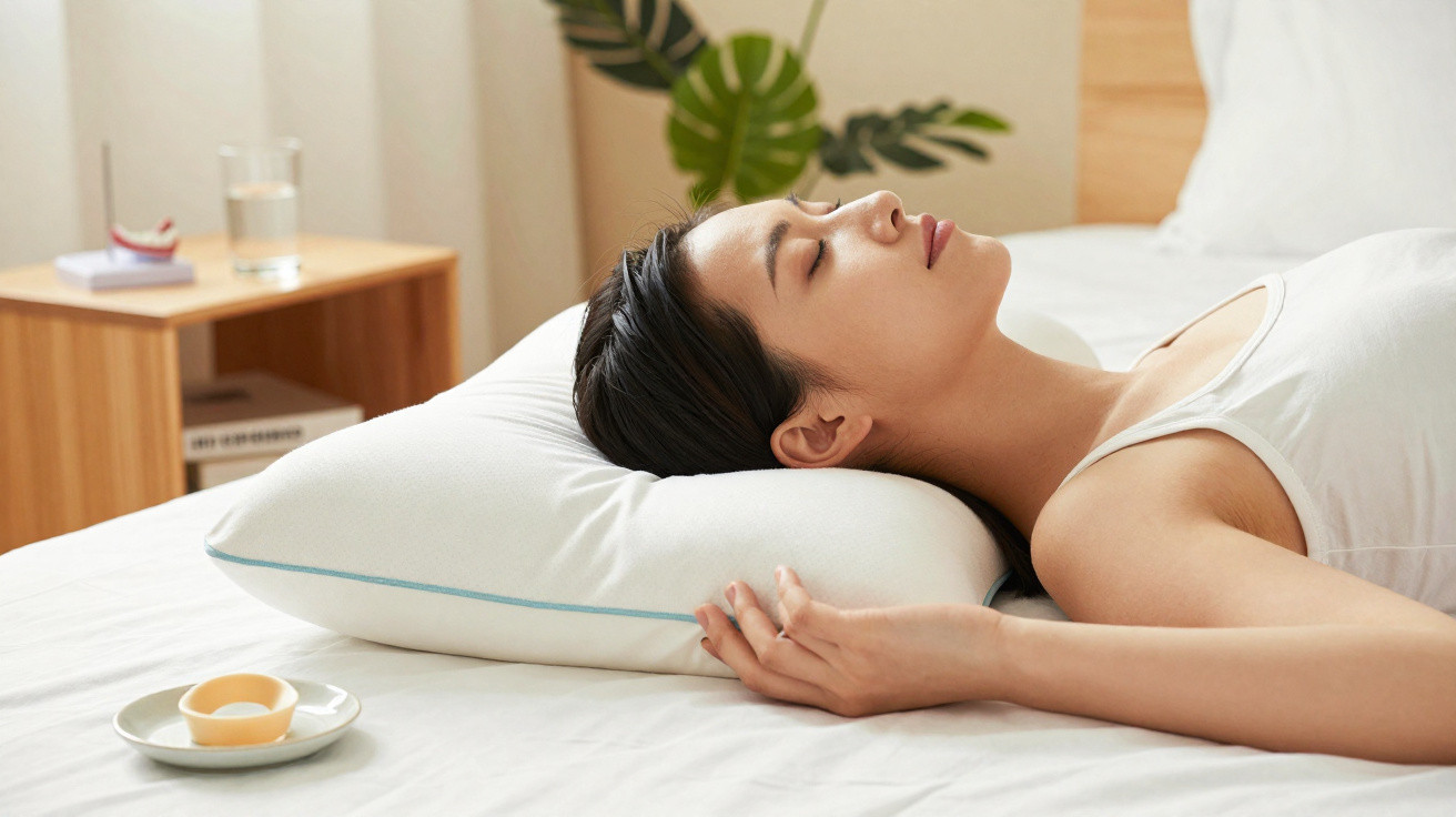 Mulher deitada de lado com olhos fechados em cama branca, com travesseiro branco e planta ao fundo.