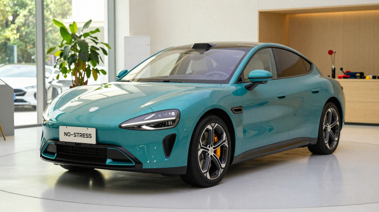Carro esportivo elétrico verde água, modelo sedan, exibido em ambiente interno moderno e iluminado.