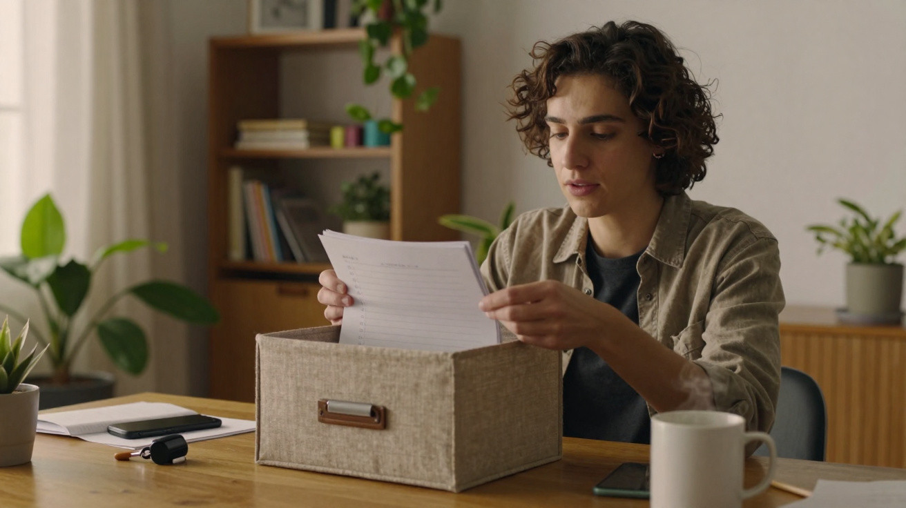 Pessoa sentada à mesa organizando documentos dentro de caixa em ambiente interno com plantas ao fundo.