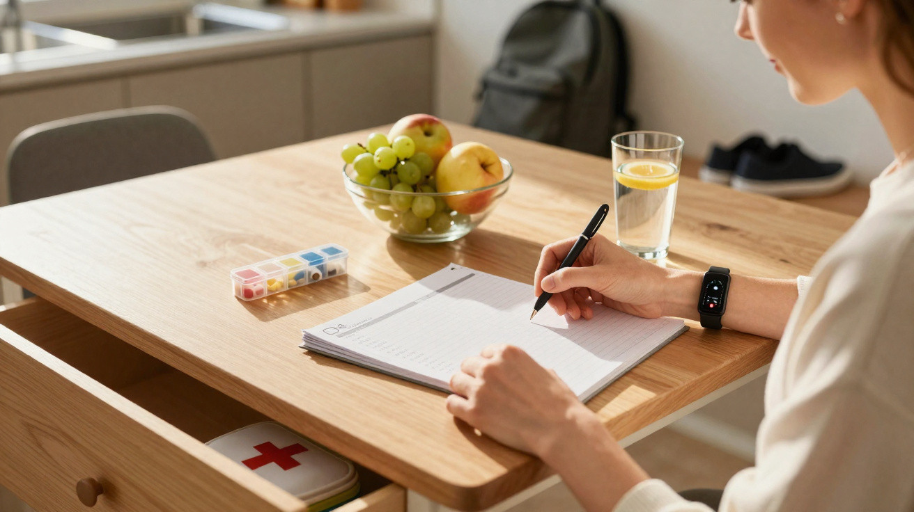 Pessoa escrevendo lista de tarefas em mesa com frutas, copo de água e estojo de remédios.