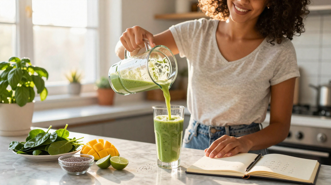 Mulher sorrindo serve smoothie verde em copo na cozinha com ingredientes naturais à mão.