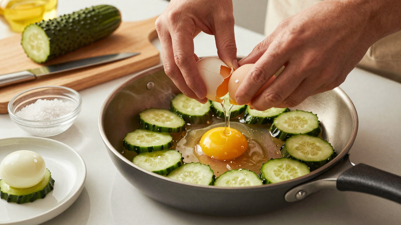 Mãos quebrando um ovo em frigideira com fatias de pepino dispostas em círculo para preparo de omelete.