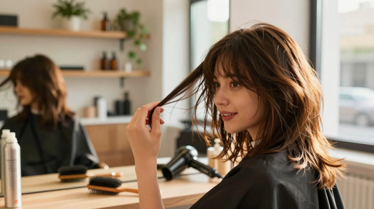 Mulher com cabelo médio castanho claro sorrindo em salão de beleza, segurando mecha de cabelo.