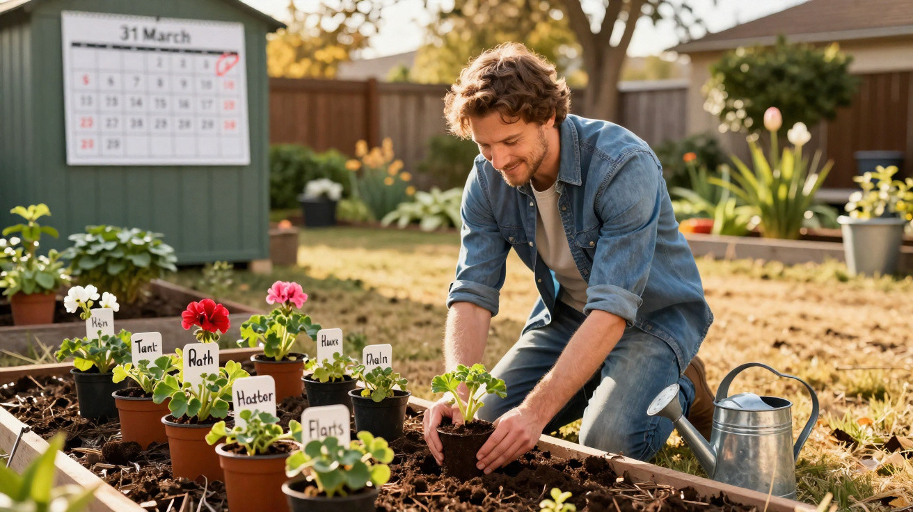 Homem plantando mudas em canteiro, jardim ensolarado com regador e calendário de março ao fundo.