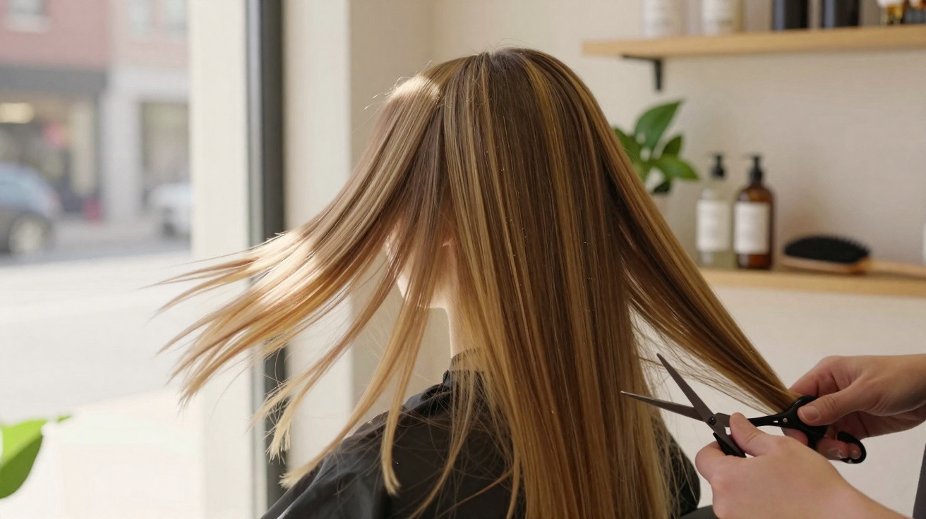 Pessoa com cabelo loiro sendo cortado por cabeleireiro em salão de beleza iluminado por luz natural.