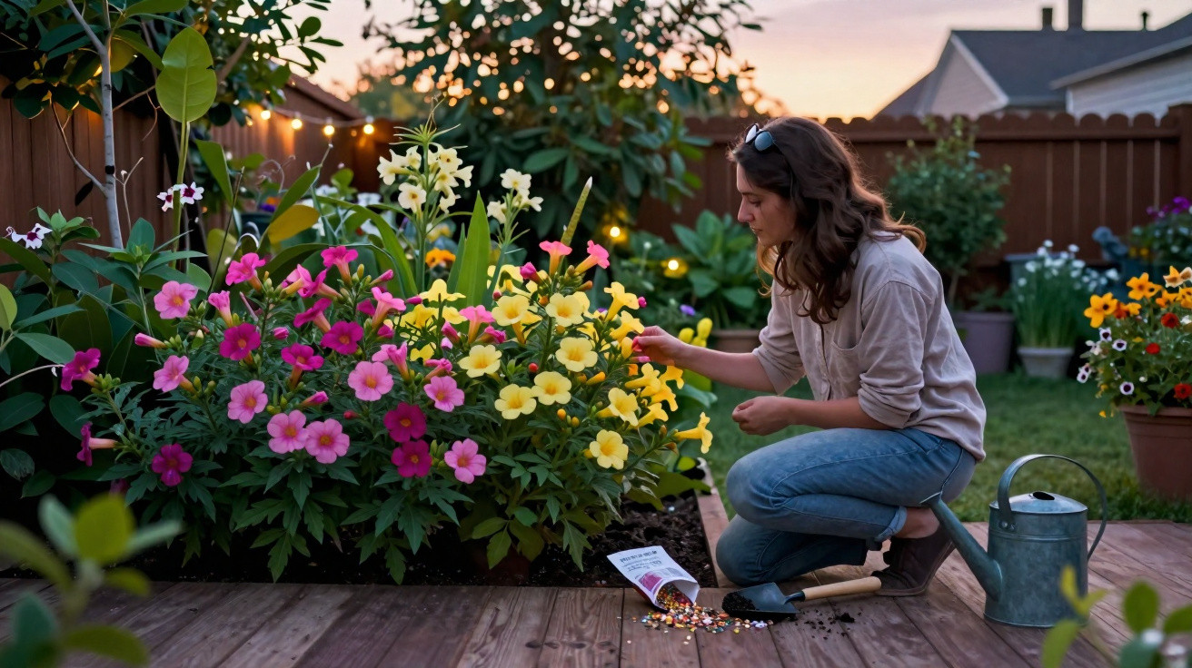 Mulher cuidando de flores coloridas em jardim ao entardecer com regador e ferramentas ao lado.