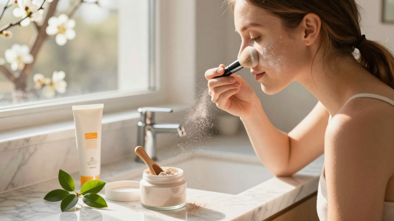 Mulher aplicando pó facial com pincel em frente à janela, com produtos de beleza sobre bancada.