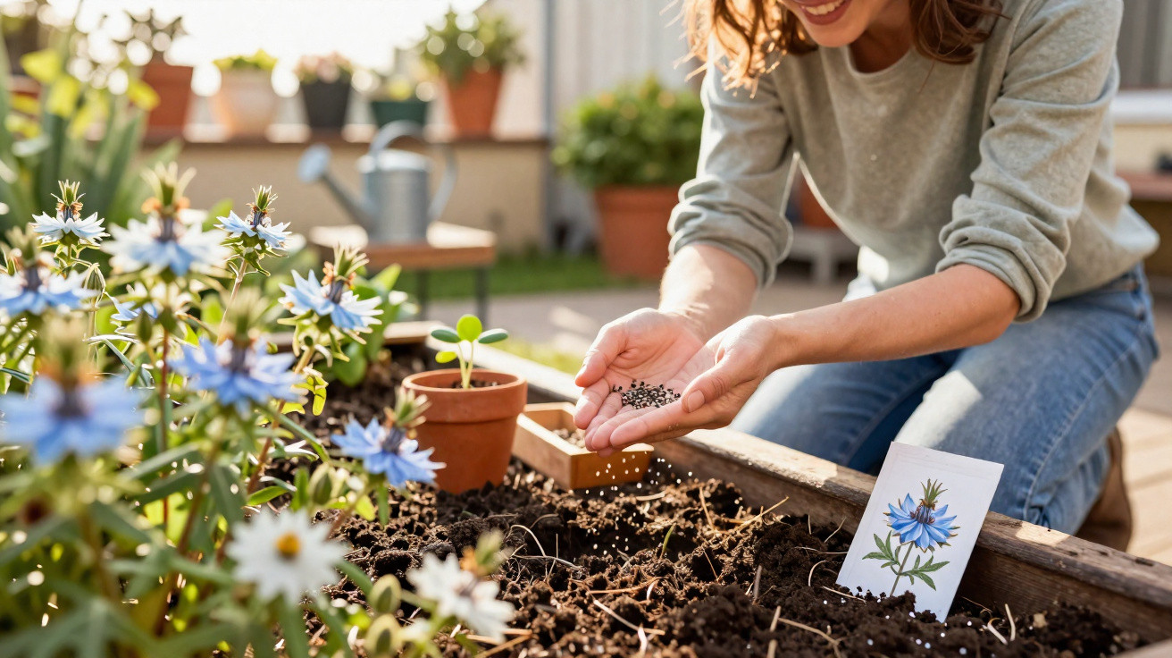 Mulher plantando sementes em jardim com flores azuis em vaso, em dia ensolarado.