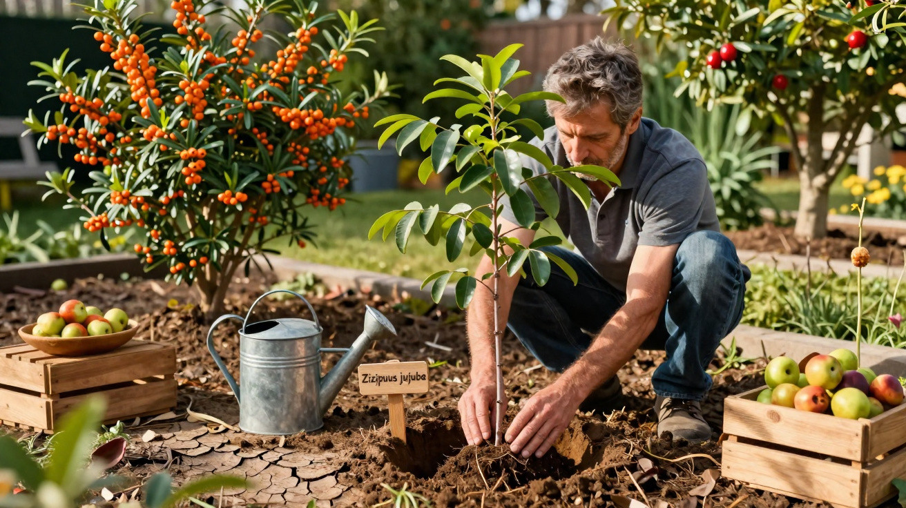 Homem plantando árvore jovem em jardim com regador e caixas de frutas ao redor.