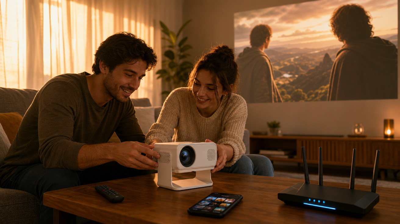Casal ajustando projetor em sala aconchegante com filme sendo exibido na parede ao fundo.