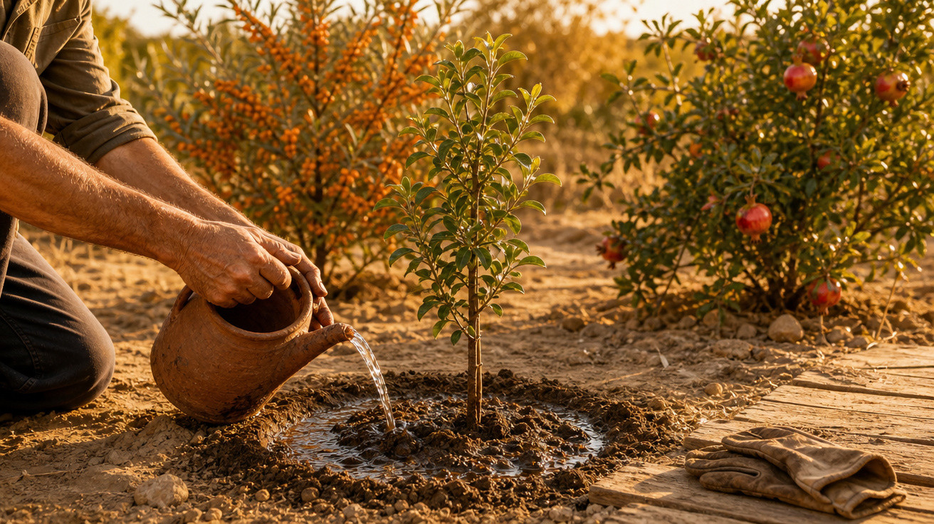Pessoa regando muda de planta em solo seco, com árvores frutíferas ao fundo ao entardecer.