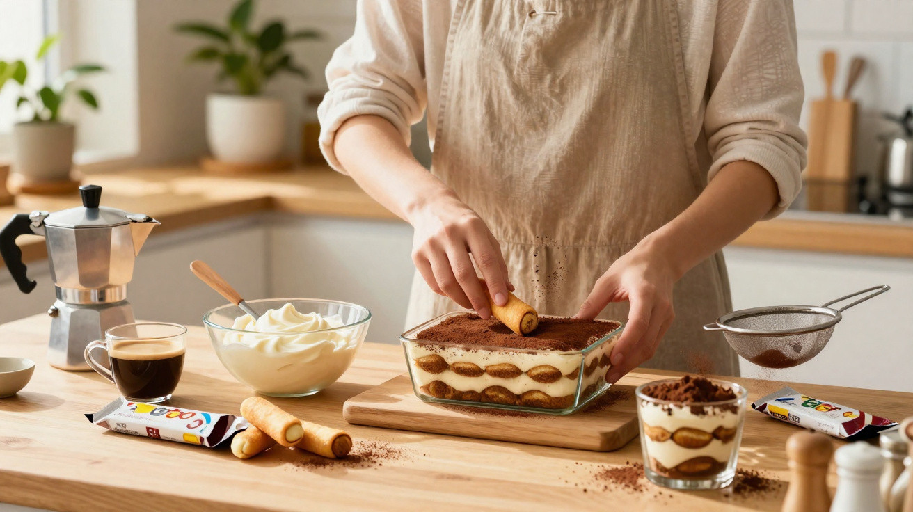 Pessoa preparando tiramisu em travessa de vidro em cozinha clara, com café e ingredientes na bancada.