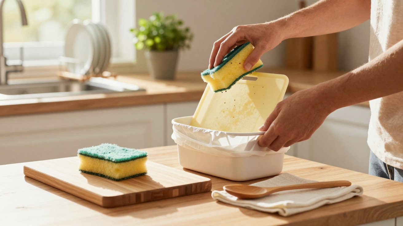 Pessoa descartando esponja de cozinha usada em recipiente de lixo na bancada da cozinha.