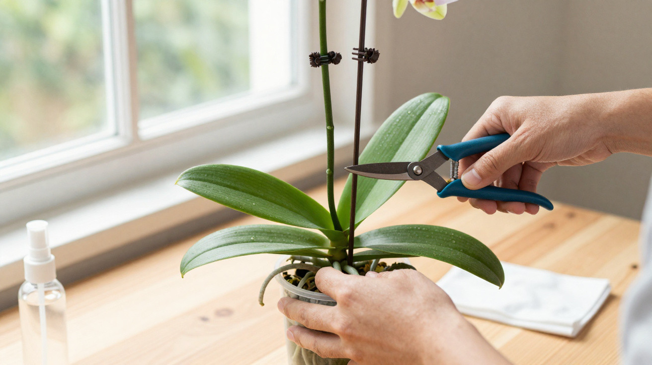 Pessoa podando orquídea em vaso sobre mesa próxima à janela.