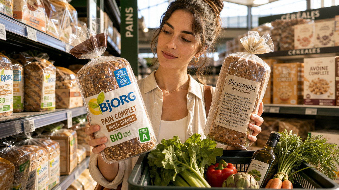 Mulher escolhe entre dois tipos de pão integral em supermercado com cesta de verduras.