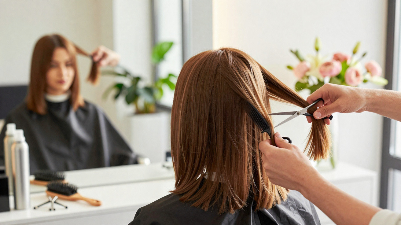 Mulher com cabelo castanho médio cortado em salão, vista de trás, com cabeleireiro usando tesoura e pente.