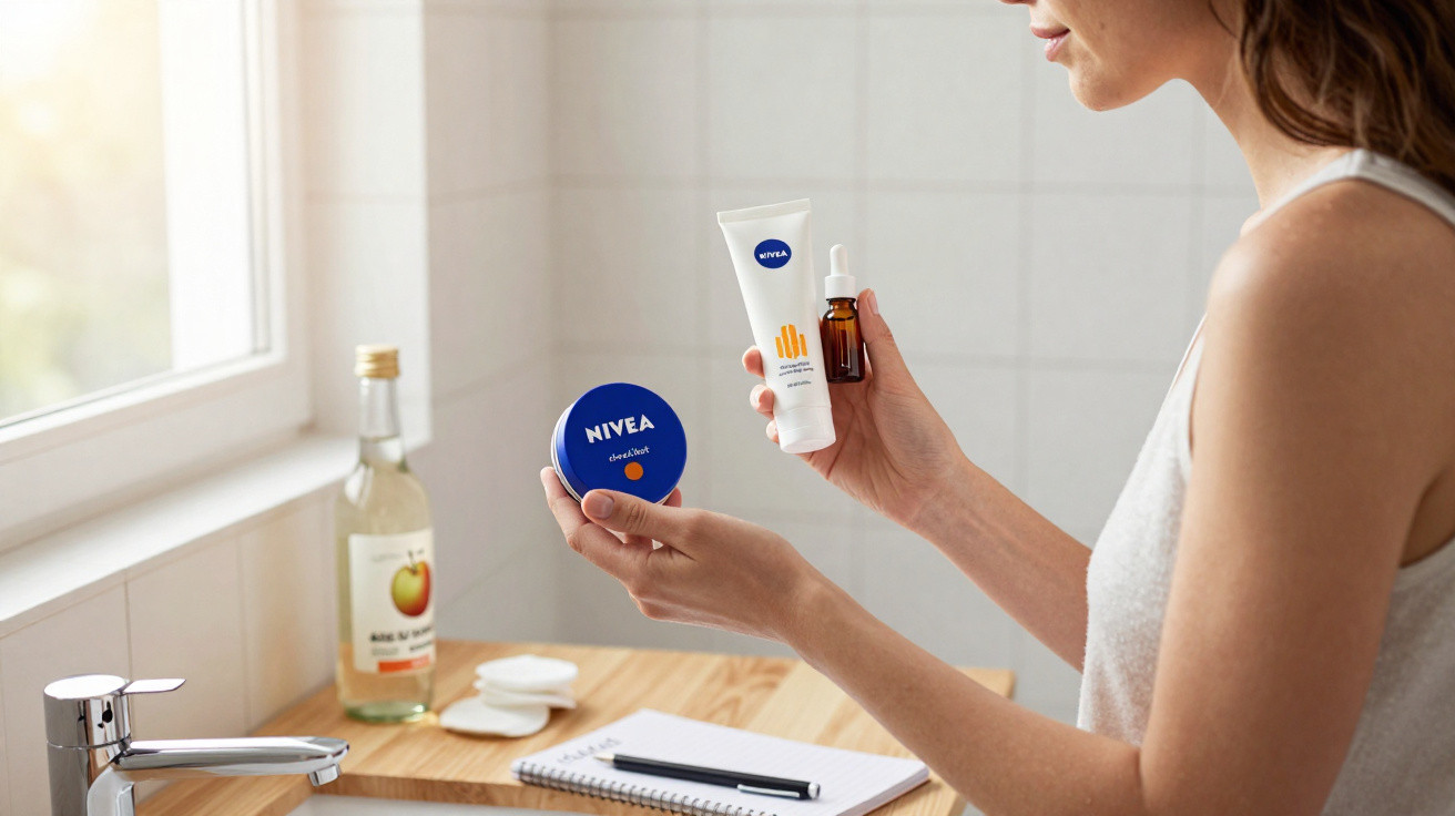 Pessoa segurando cremes Nivea em frente a pia com produtos e caderno em bancada de banheiro.