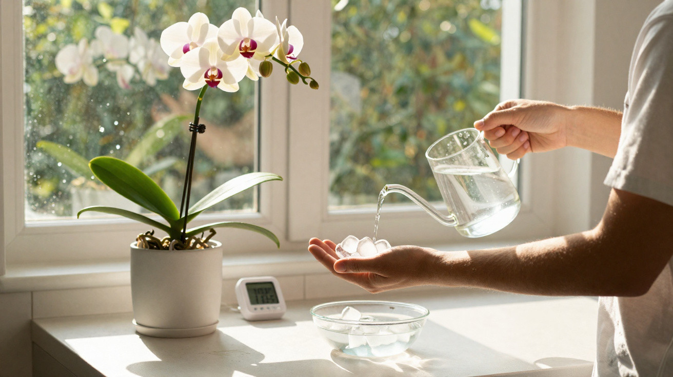 Mãos segurando cubos de gelo enquanto são regados com água em regador transparente perto de orquídea branca.