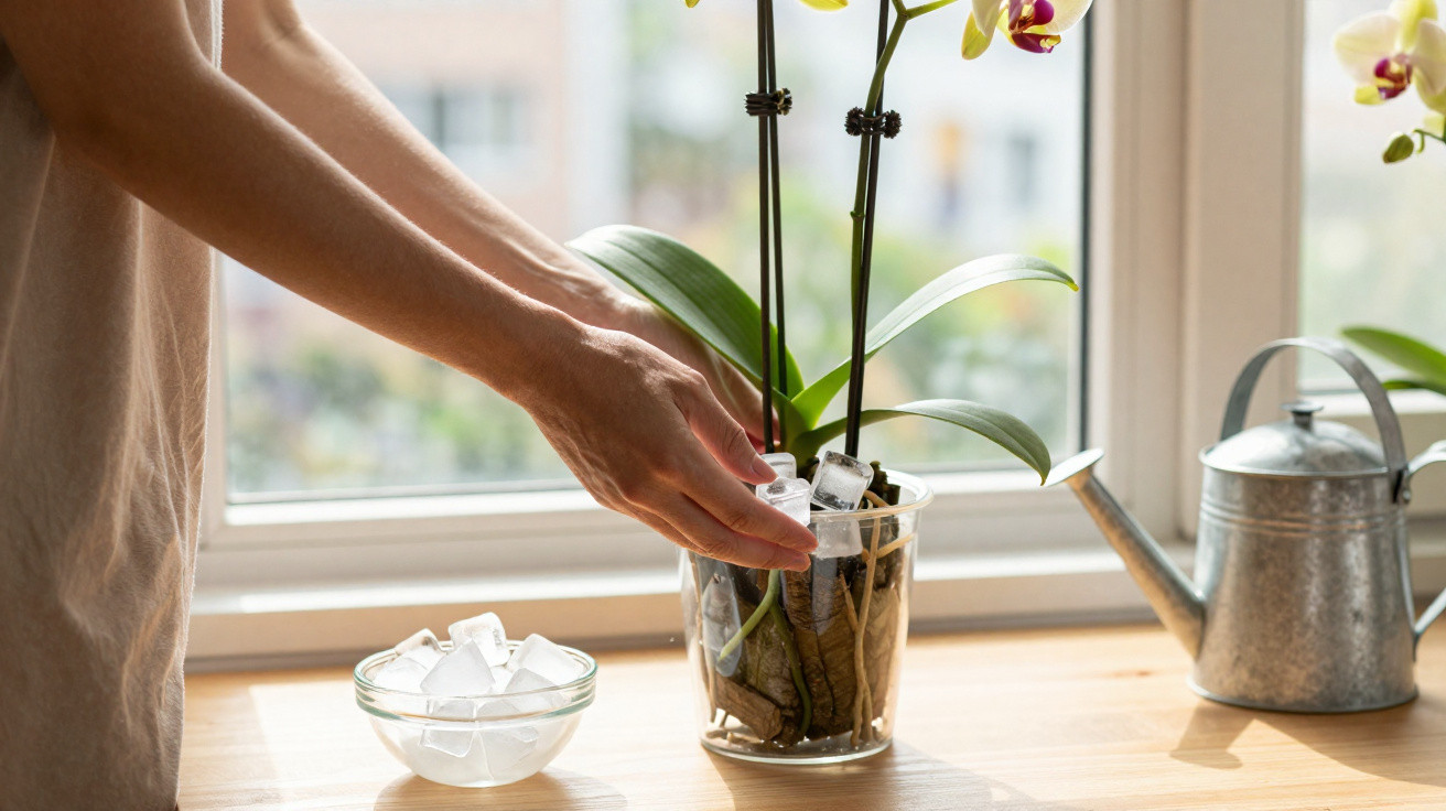 Pessoa cuidando de orquídea em vaso transparente com cubos de gelo ao lado em mesa próxima a janela.
