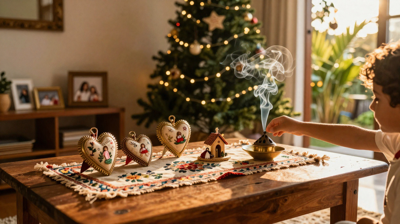 Criança acendendo incenso em mesa com decoração natalina e árvore de Natal ao fundo.