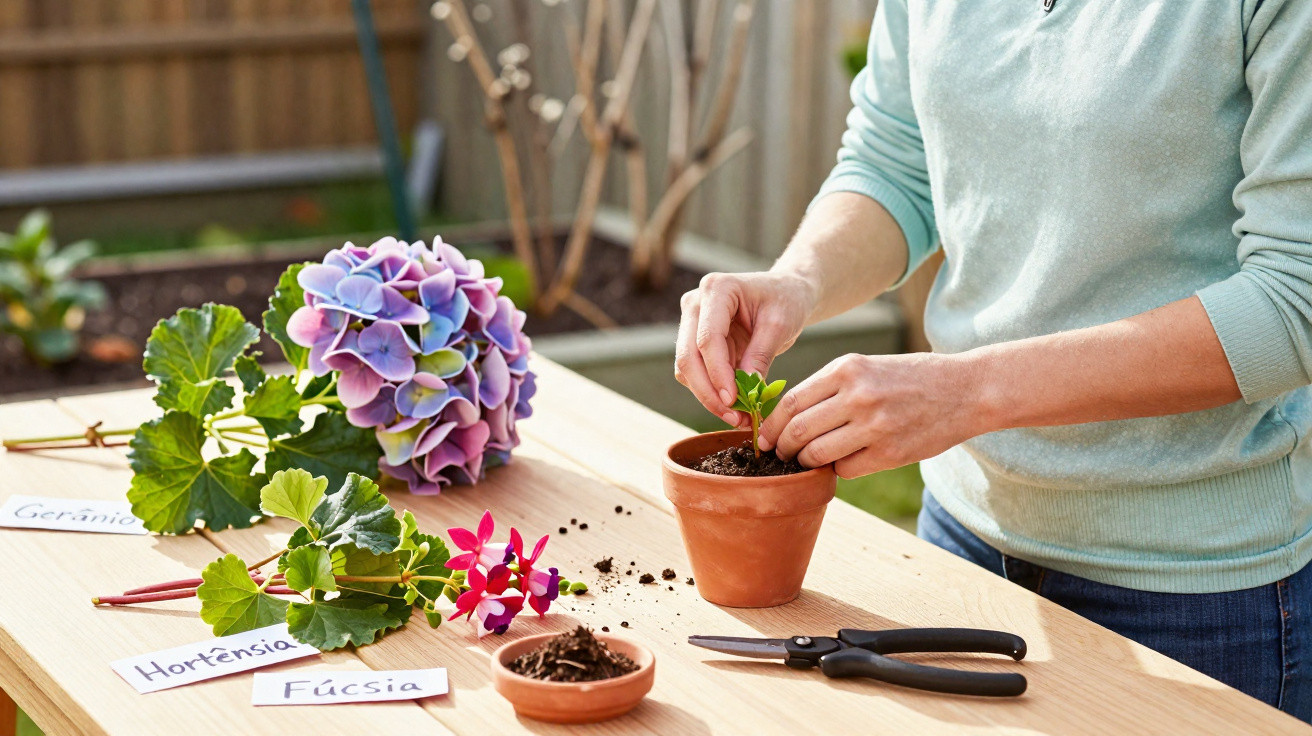 Pessoa transplantando muda em vaso de barro com várias flores e etiquetas em mesa de madeira.