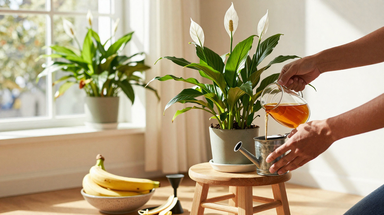 Pessoa regando planta com regador ao lado de vaso com bananas e outra planta perto da janela iluminada.