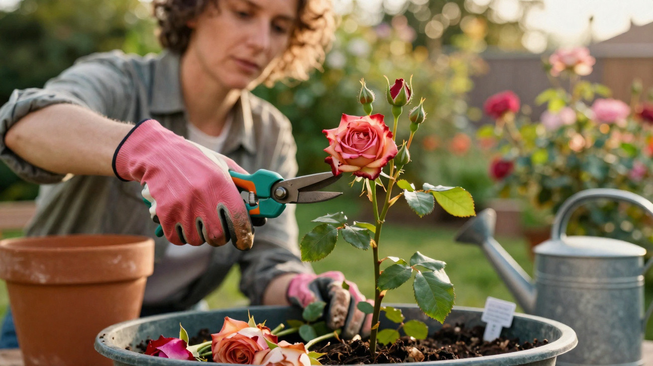Pessoa com luvas rosas podando rosas em vaso no jardim durante o dia com regador ao fundo.