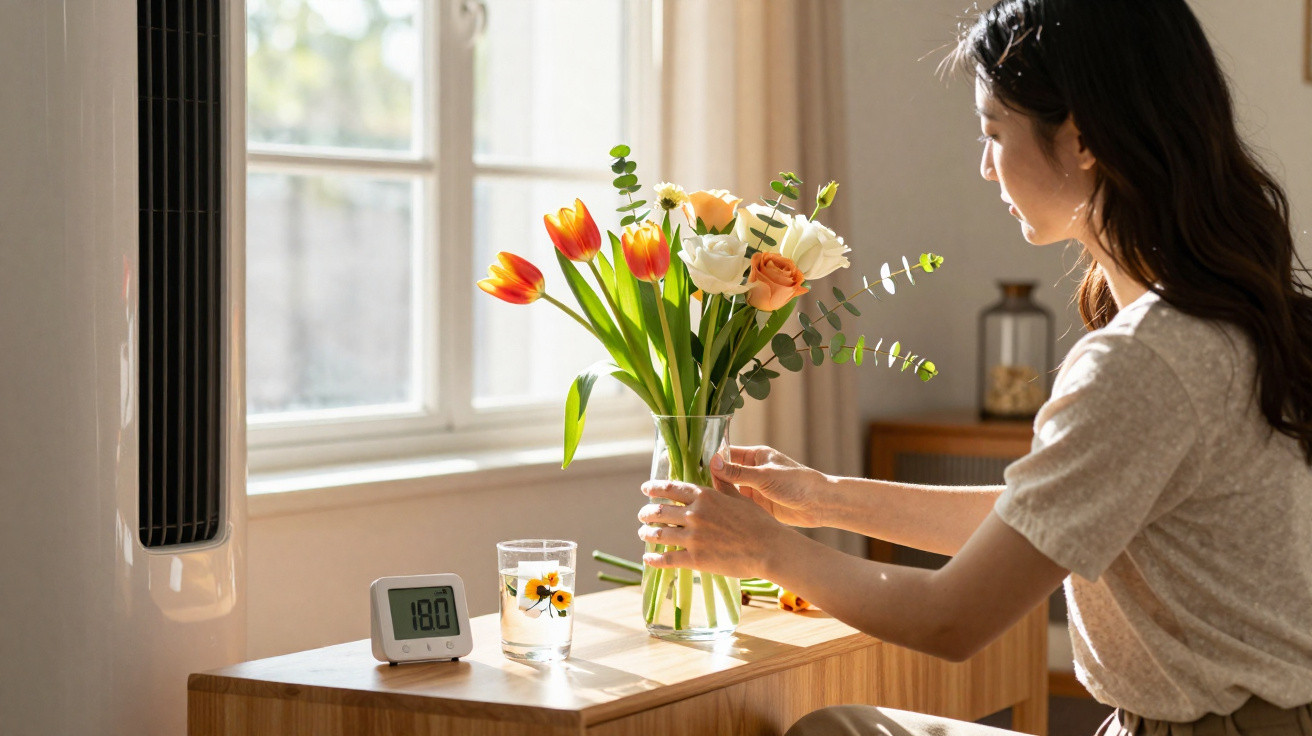 Mulher arrumando vaso com flores coloridas em mesa de madeira próxima à janela iluminada.