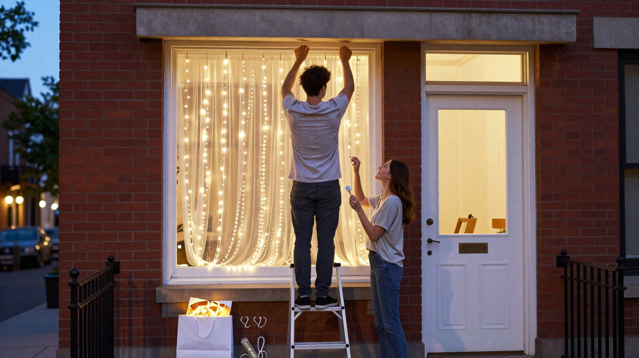 Casal decorando janela com luzes de fada durante o anoitecer em uma casa de tijolos vermelhos.