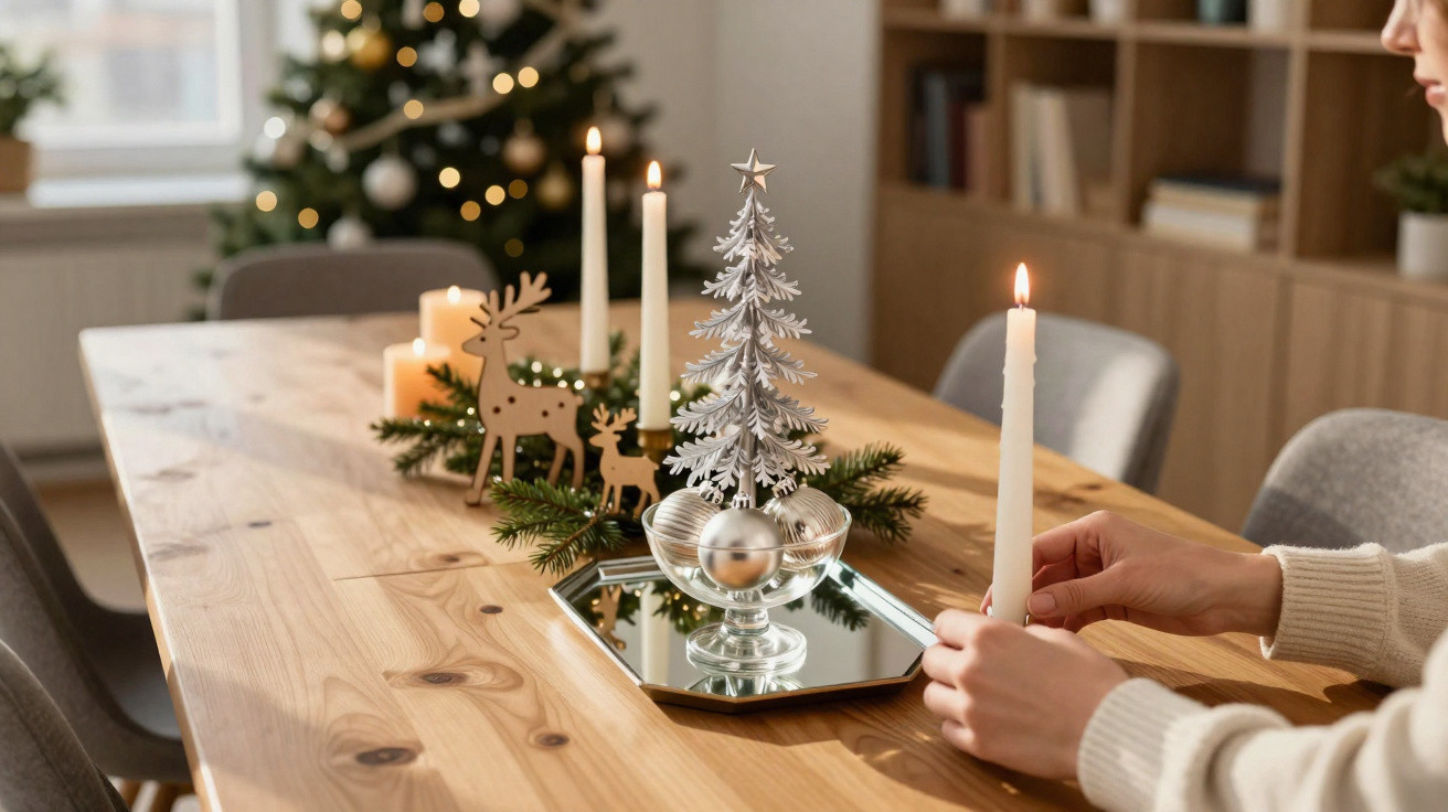 Mesa de madeira decorada com enfeites natalinos, velas acesas e árvore de Natal ao fundo.