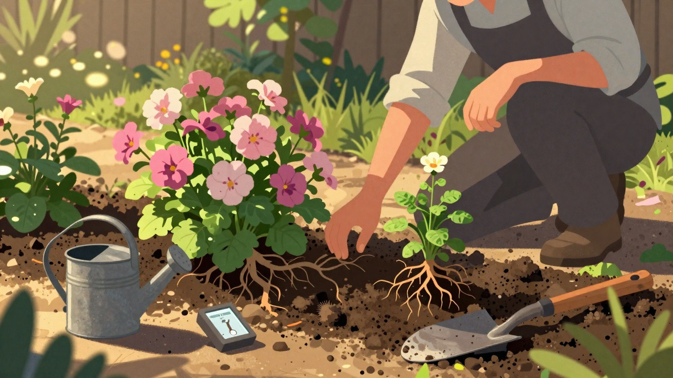Pessoa plantando flores em jardim com regador e pá ao lado em dia ensolarado