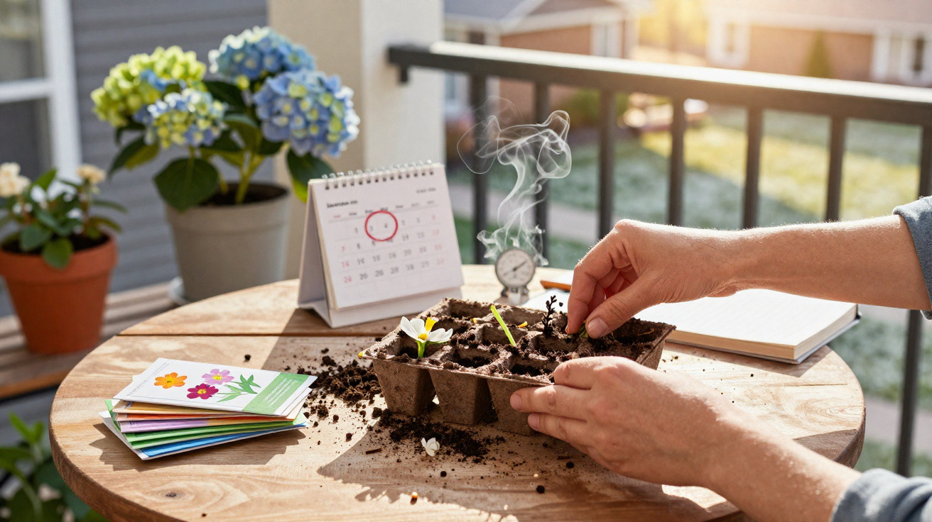 Pessoa plantando sementes em bandeja com sementes e calendário em mesa de madeira ao ar livre.