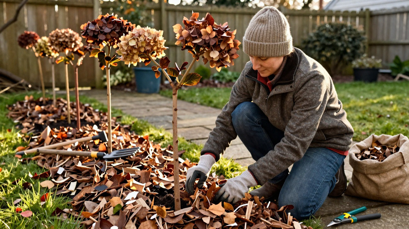 Pessoa agachada cuidando de plantas com flores secas e folhas caídas em um jardim.