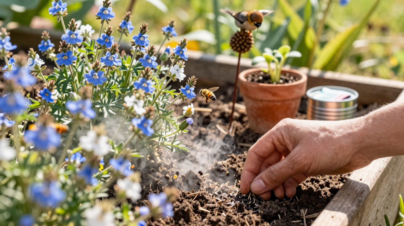 Mão plantando sementes em solo ao lado de flores azuis com abelhas voando em jardim externo.
