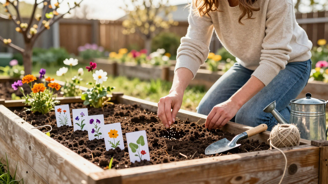 Pessoa plantando sementes em canteiro de madeira com etiquetas ilustrando flores em jardim ensolarado.