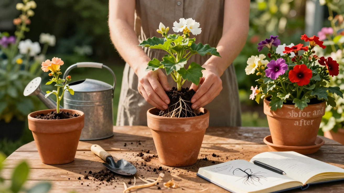 Pessoa transplantando planta em vaso de barro sobre mesa de madeira com livro, regador e pá de jardinagem.