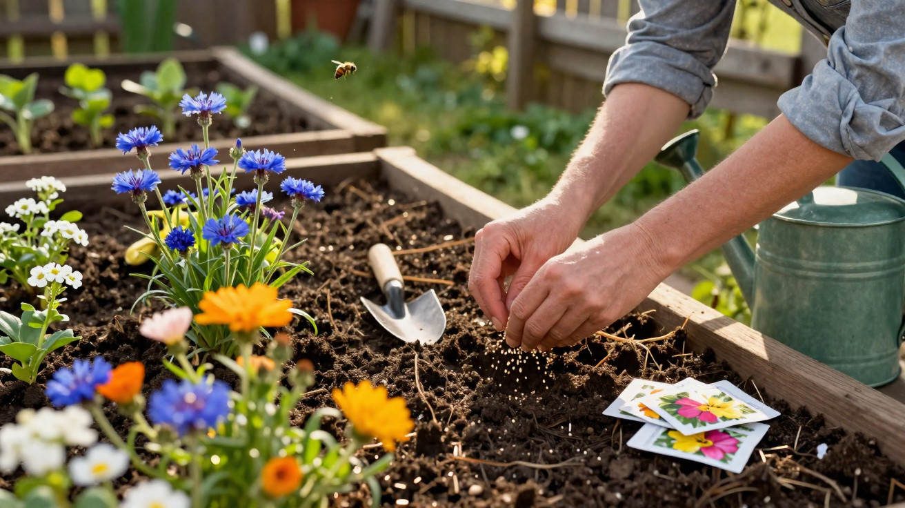 Pessoa plantando sementes em canteiro de flores com regador e cartões de sementes ao lado.
