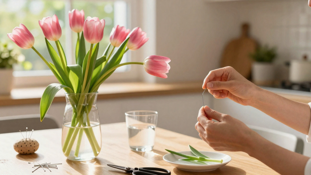 Mãos de pessoa preparando flores tulipas cor-de-rosa em vaso na mesa de madeira iluminada pela luz natural.