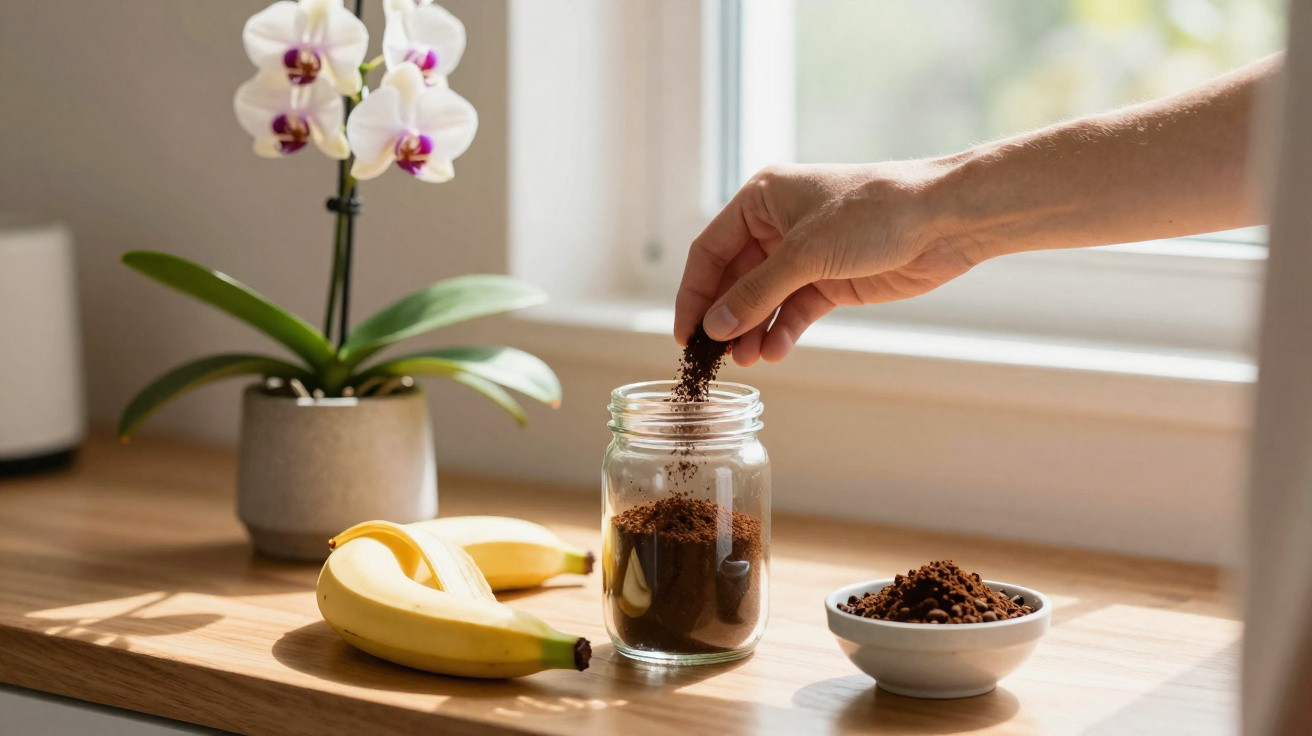 Mão colocando pó de café em pote de vidro sobre balcão com banana e vaso de orquídea branca.