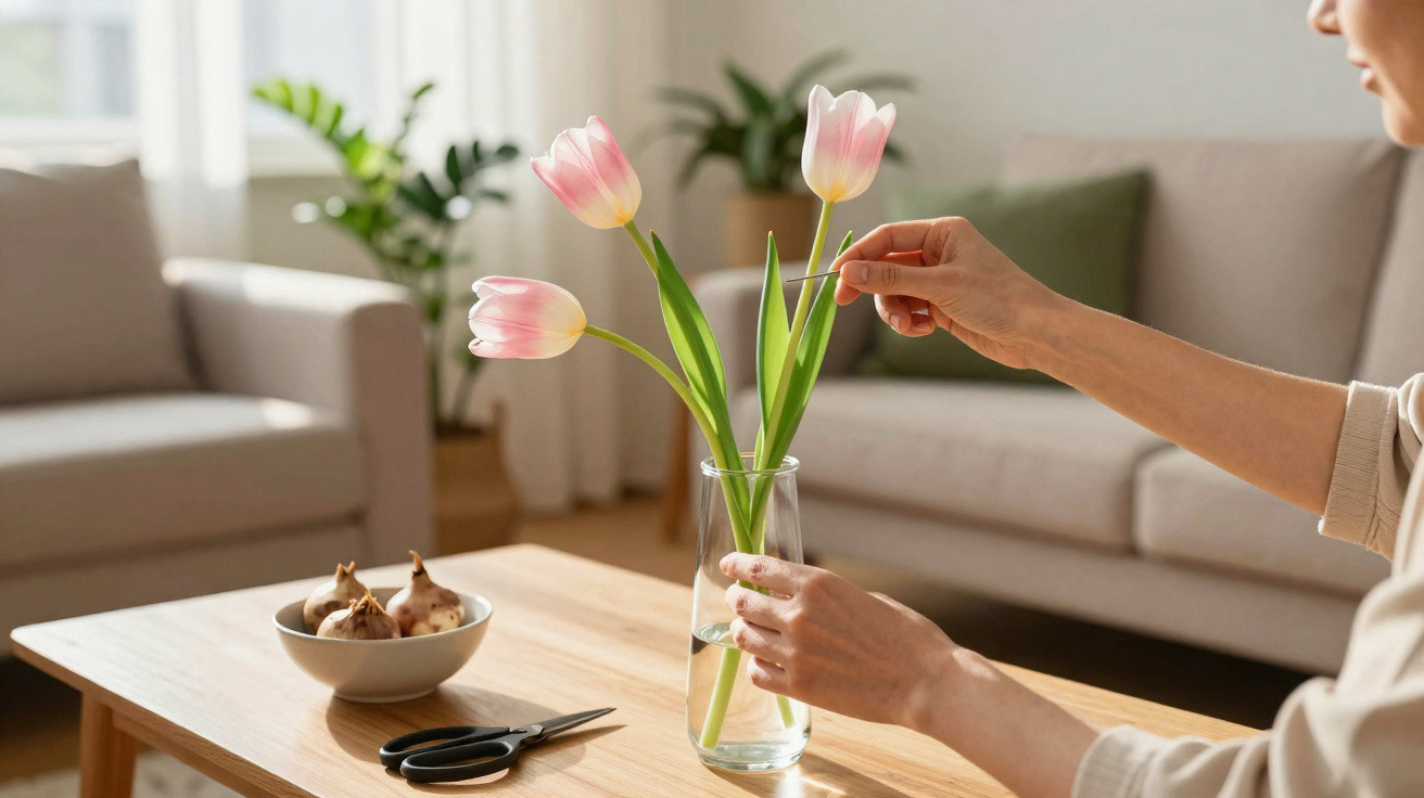 Pessoa arrumando tulipas rosa em vaso de vidro sobre mesa de madeira em sala iluminada e aconchegante.