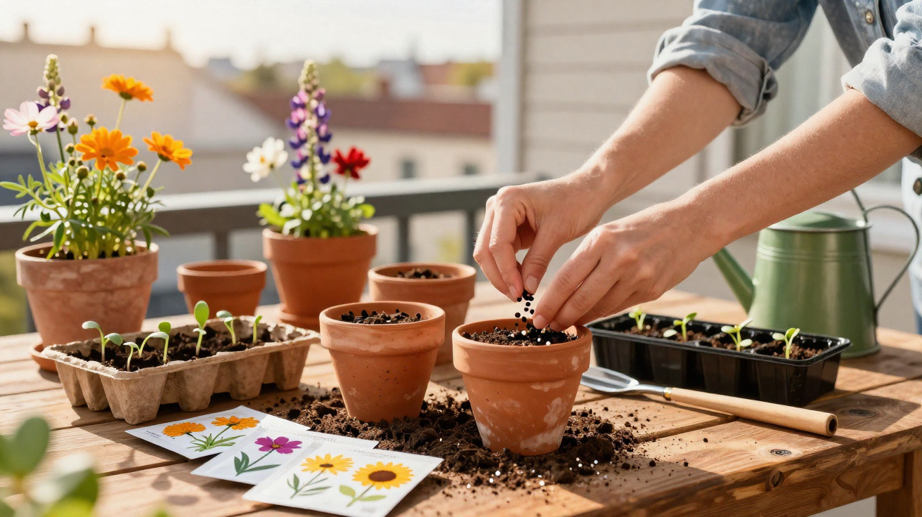 Pessoa plantando sementes em vasos de barro em mesa com flores e ferramentas de jardinagem ao redor.