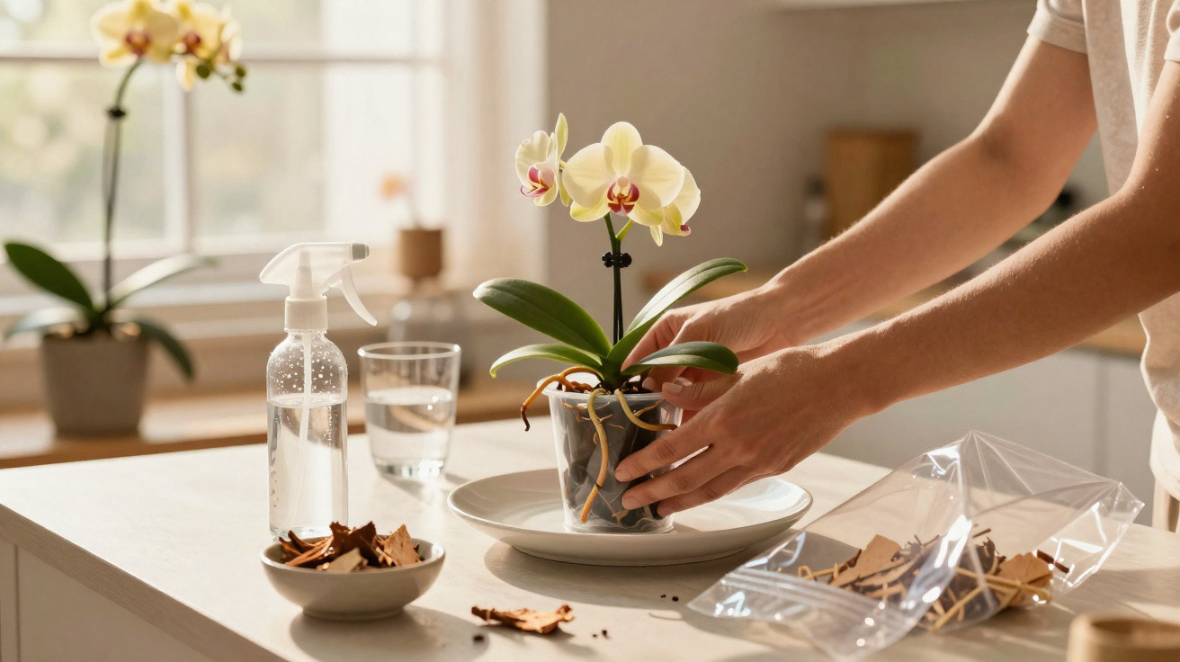 Pessoa cuidando de orquídea amarela em vaso transparente sobre mesa com borrifador e cascas secas.