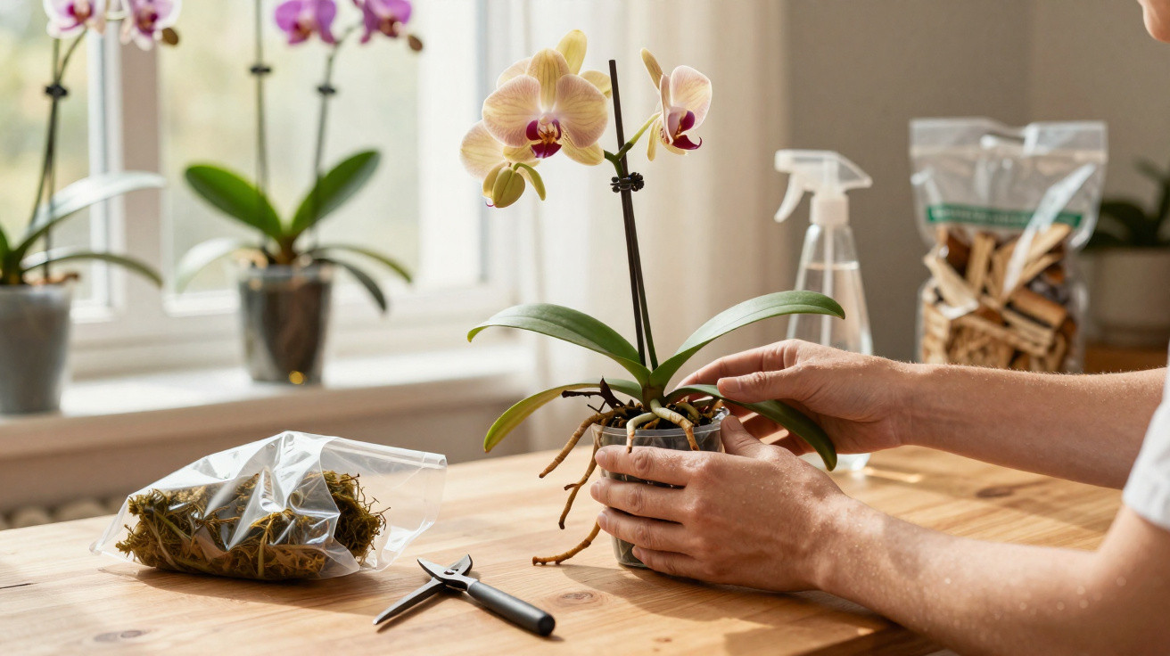 Mãos cuidando de orquídea em vaso sobre mesa com ferramentas e materiais para jardinagem.