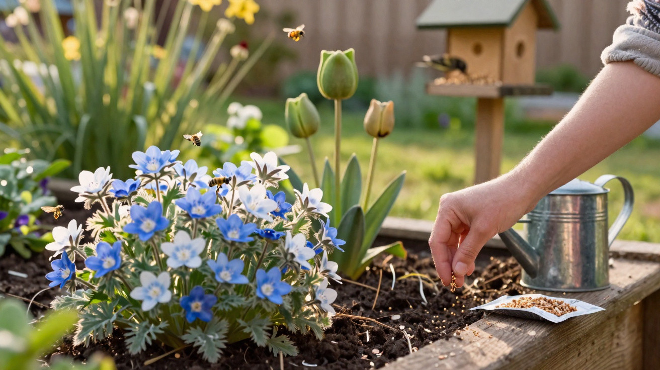 Mão plantando sementes em jardim com flores azuis, tulipas e abelhas voando ao redor.