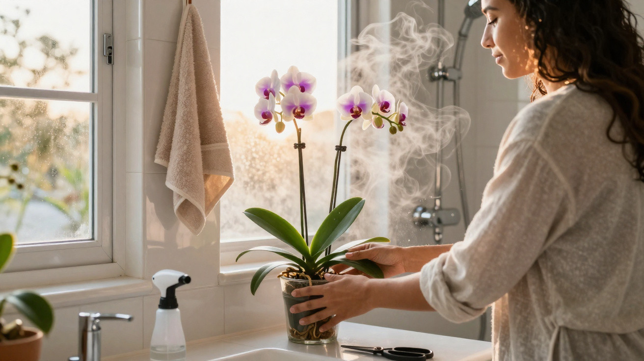 Mulher cuidando de orquídea com vapor em banheiro iluminado pela luz natural da janela.