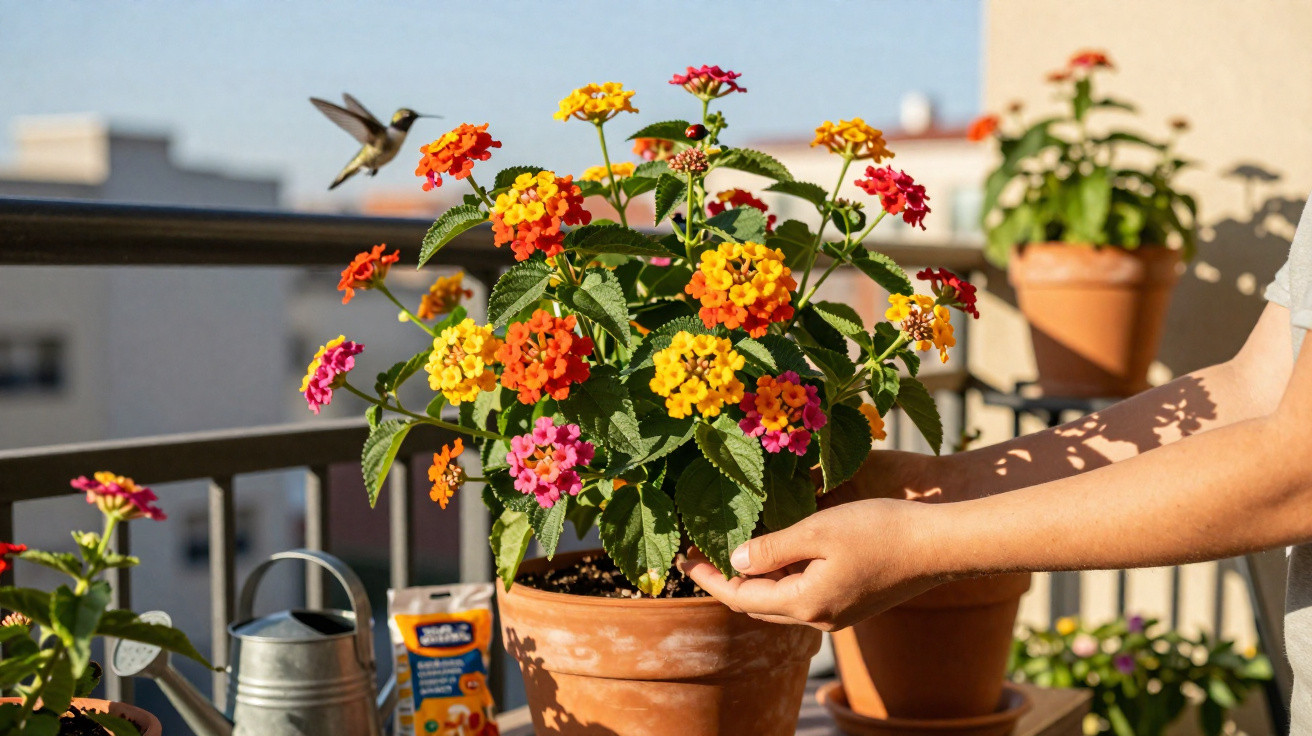 Mãos cuidando de flores coloridas em vaso de cerâmica com beija-flor voando em varanda ensolarada.