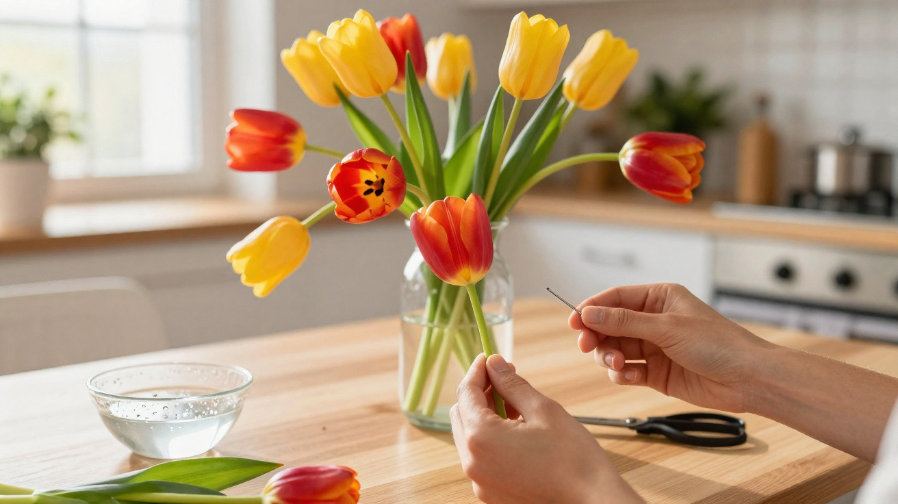 Mãos arrumando tulipas vermelhas e amarelas em vaso transparente sobre mesa de madeira em cozinha iluminada.